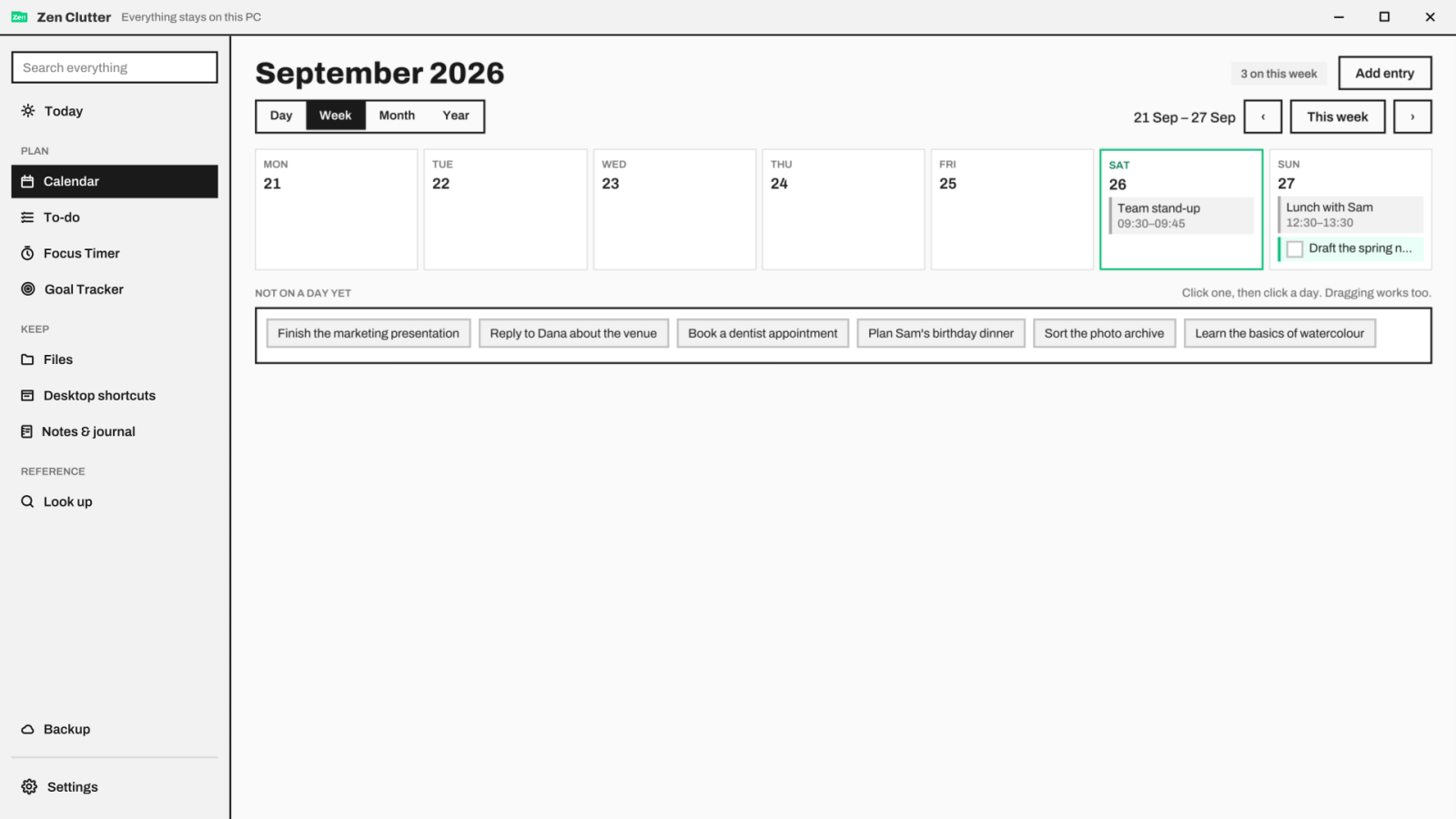 Week view of the calendar with unscheduled tasks in a row below