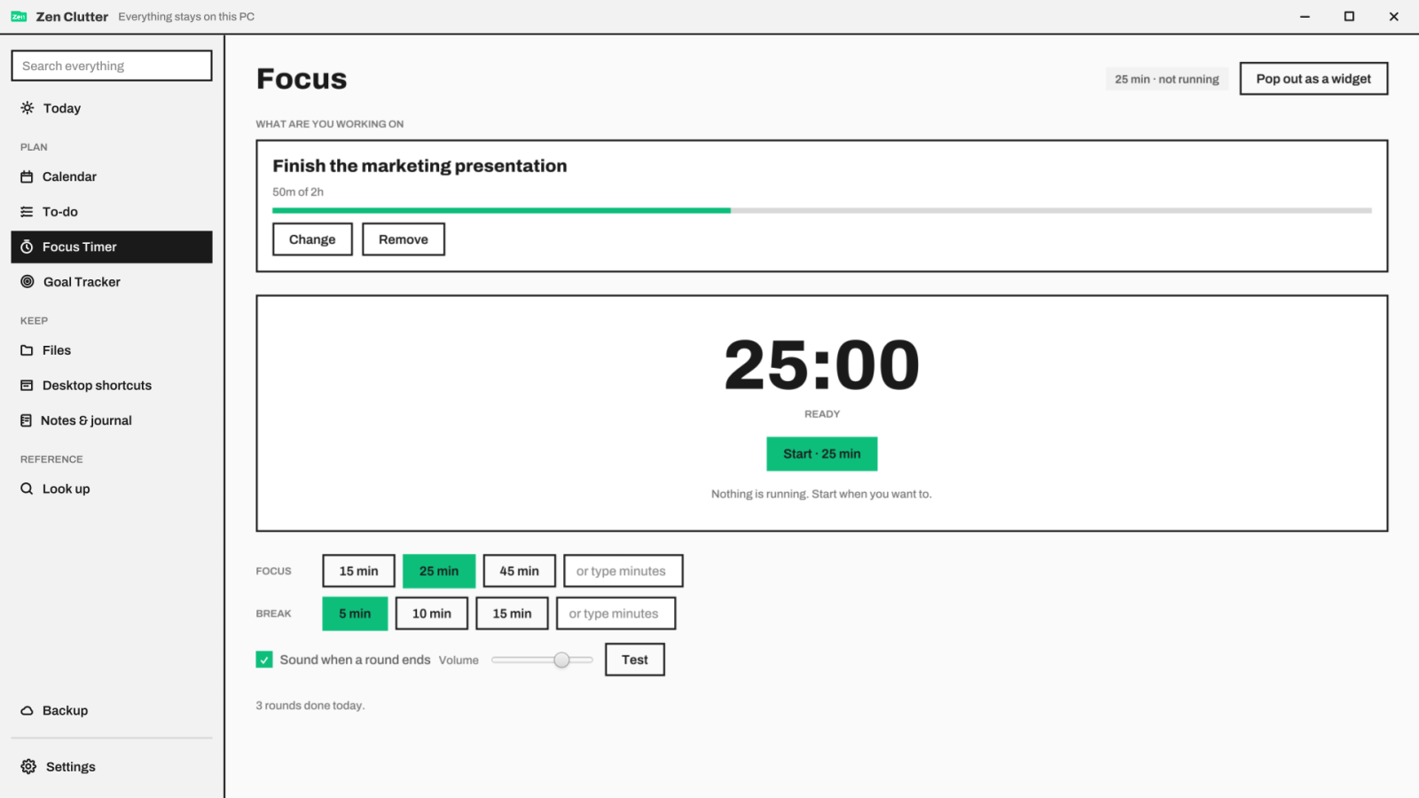Focus timer at 25:00 with a goal's hours adding up